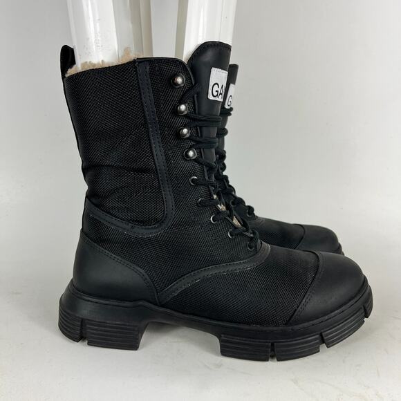 Ganni Combat Boots Women's 9 Black Polyester Faux Shearling-Lined Lace-Up - Picture 2 of 10